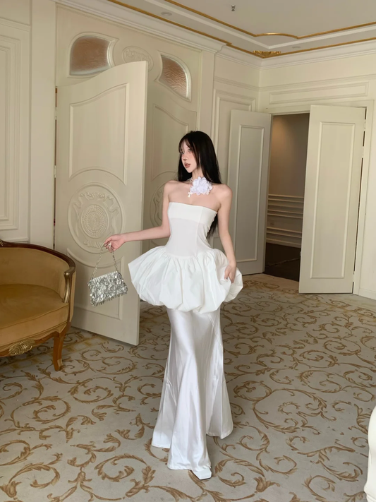 Unique Mermaid Strapless White Satin Prom Dress Evening Dress DP3846