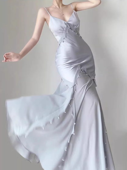 Gentle Mermaid Spaghetti Strap Pearl Chiffon Satin Prom Dress Evening Dress Party Dress DP3583