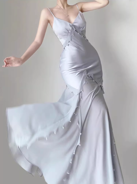 Gentle Mermaid Spaghetti Strap Pearl Chiffon Satin Prom Dress Evening Dress Party Dress DP3583