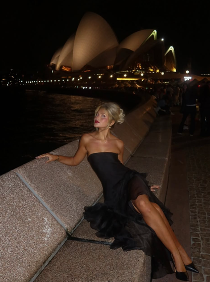 Black A Line Strapless Ruffle Tulle Long Prom Dress Evening Dress with Slit DP1513