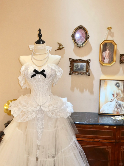 Sweety A Line Off the Shoulder Ivory Lace Tulle Prom Dress Wedding Dress DP7043