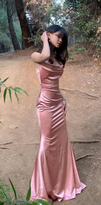 Pink Mermaid Spaghetti Strap Simple Satin Long Prom Dress Party Dress DP6550
