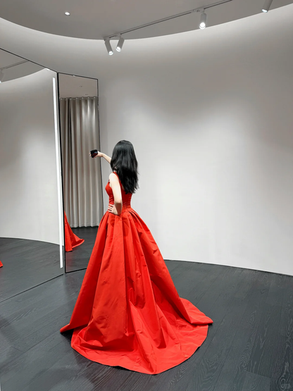 Charming Red A Line Straps Satin Long Prom Dress Evening Dress DP4773