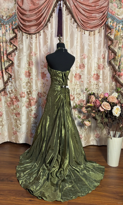 Green Retro Simple Mermaid Sweetheart Neck Pleated Satin Prom Dress Formal Dress DP3210