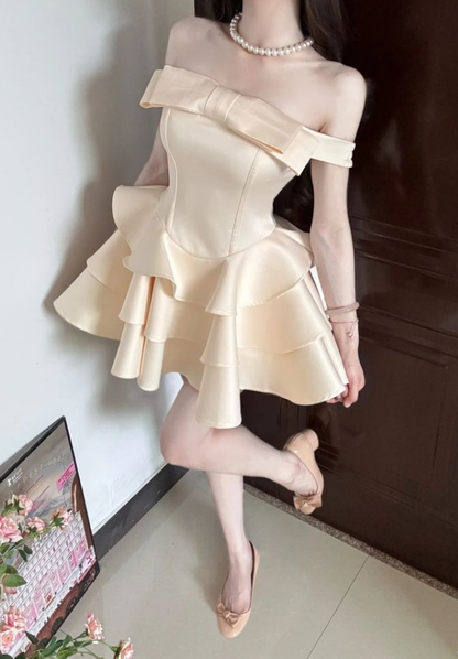 Cute A Line Off the Shoulder Bow Layered Light Champagne Satin Short Homecoming Dress Cocktail Dress DP2543