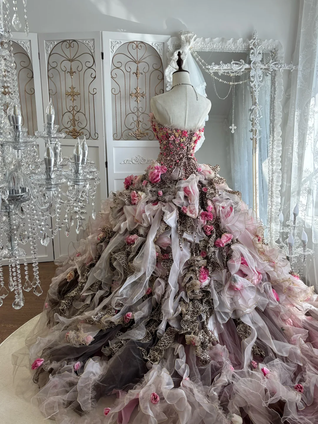 Vintage Leopard Print Ball Gown Strapless 3D Floral Layered Tulle Prom Dress Sweet 16 Dress DP5667