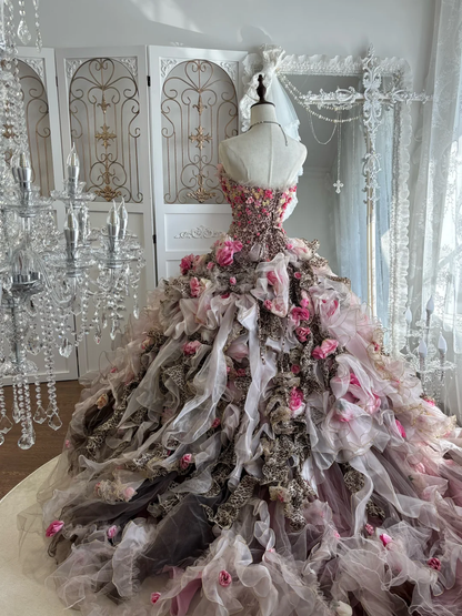 Vintage Leopard Print Ball Gown Strapless 3D Floral Layered Tulle Prom Dress Sweet 16 Dress DP5667