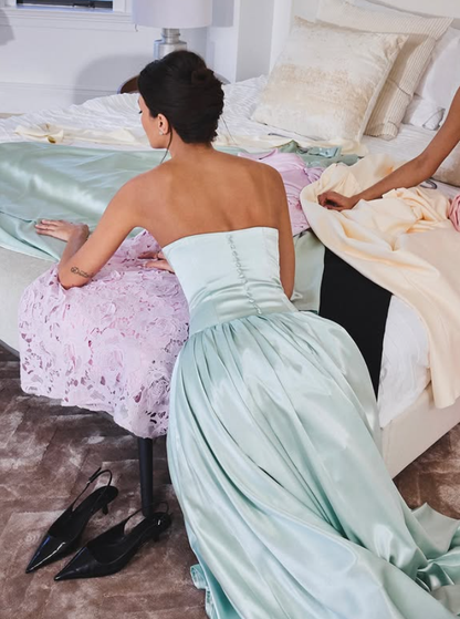 Princess A Line Strapless Green Bow Satin Prom Dress Evening Dress DP4406