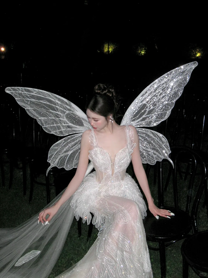 White Butterfly Fairy Shiny Beaded Tulle Long Prom Dress Evening Dress DP5384