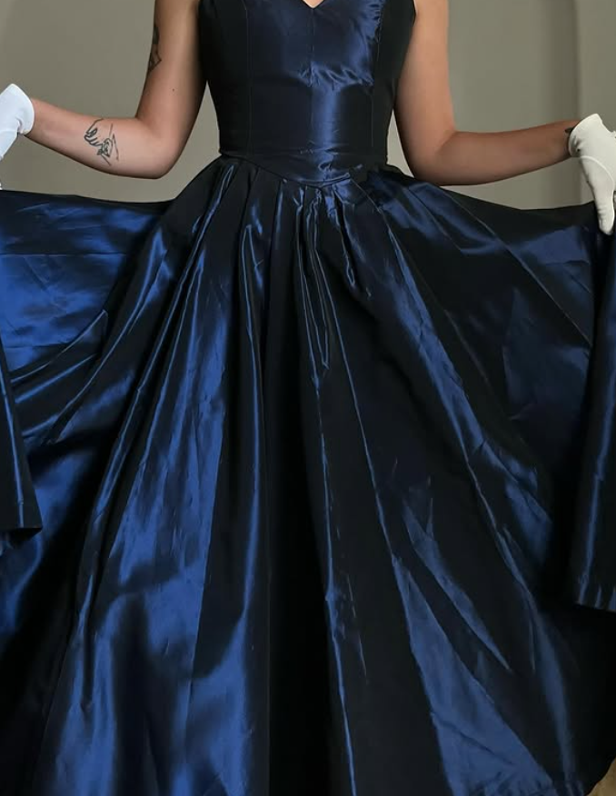 Vintage Navy Blue A Line V Neck Satin Prom Dress Evening Dress Date Dress DP5701