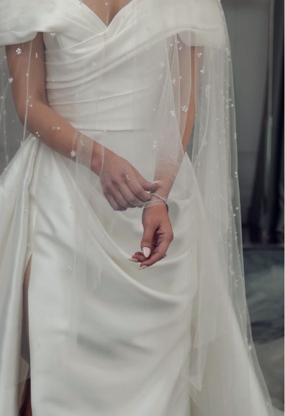 Elegant Mermaid Off the Shoulder Satin Long Sweep Wedding Dress DP1870