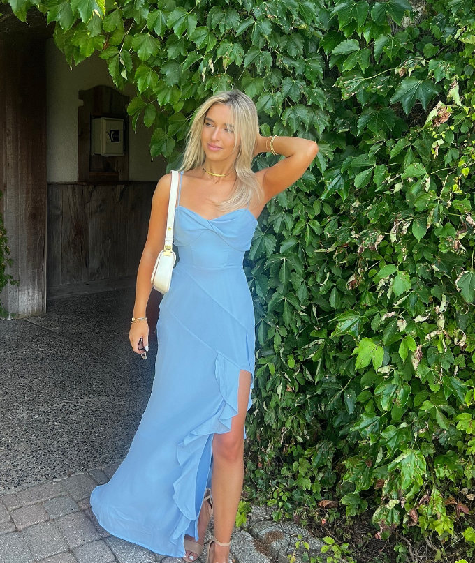Blue A Line Spaghetti Straps Ruffle Chiffon Long Evening Dress Outfits with Slit DP1387