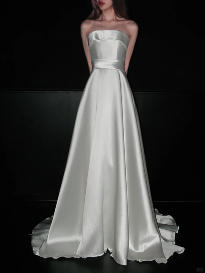 Simple Glossy A Line Strapless White Satin Wedding Dress DP5202