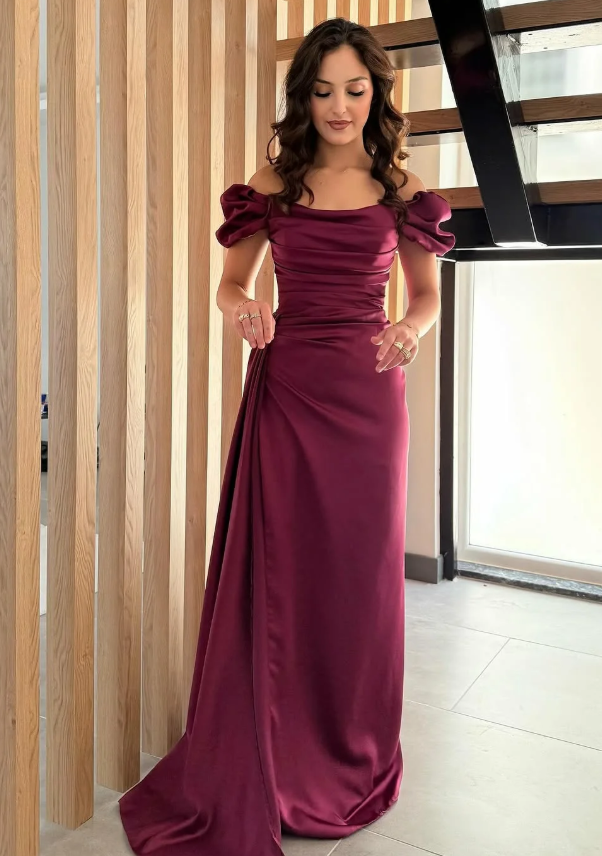 Burgundy A Line Off the Shoulder Satin Long Prom Dress Evening Dress Slit DP6933