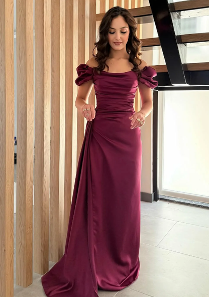 Burgundy A Line Off the Shoulder Satin Long Prom Dress Evening Dress Slit DP6933