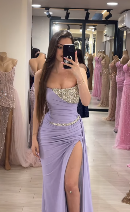 Gentle Purple Mermaid Strapless Rhinestone Satin Long Prom Dress Evening Dress DP4392