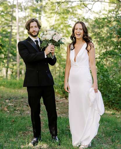 Simple Sheath V Neck White Satin Open Back Wedding Dresses DP4345