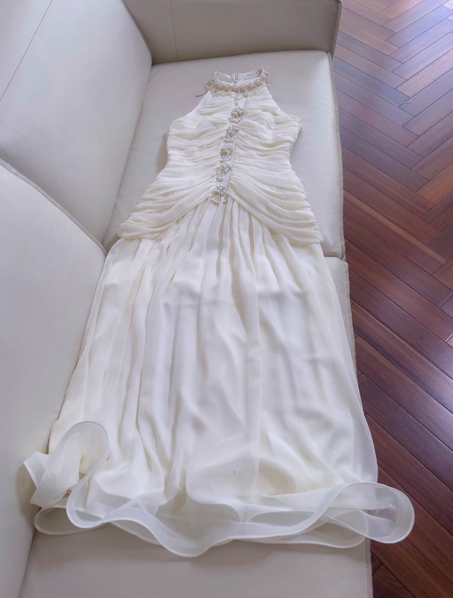 Classic White A Line Halter Pearl Chiffon Prom Dress Wedding Guest Dress DP4487