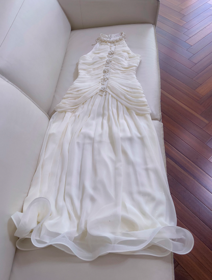 Classic White A Line Halter Pearl Chiffon Prom Dress Wedding Guest Dress DP4487
