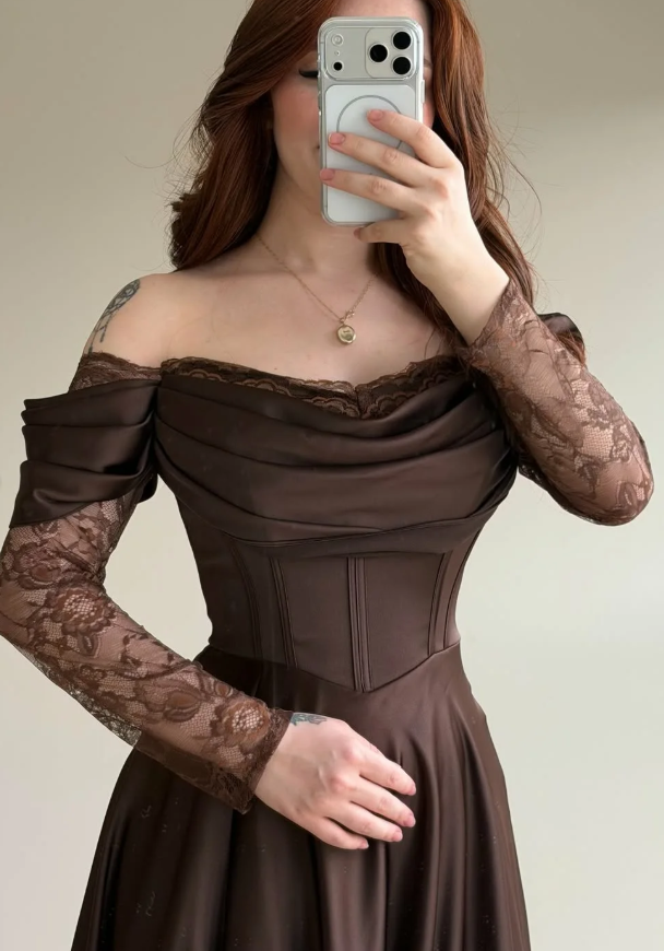 Elegant Brown A Line Long Sleeve Lace Satin Prom Dress DP5021