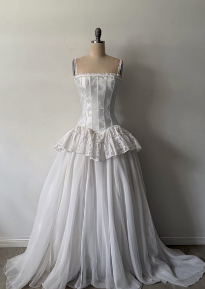 Vintage White A Line Spaghetti Strap Print Satin Chiffon Long Prom Dress Evening Dress DP7884