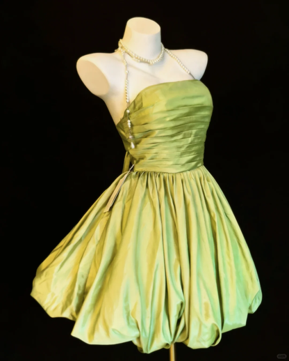 Vintage Green A Line Strapless Pleated Satin Short Homecoming Dress DP4721