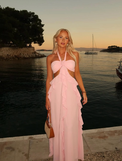 Flowy Pink A Line Halter Ruffle Chiffon Long Prom Dress Formal Gown DP3575
