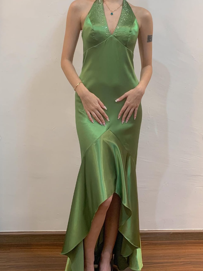Vintage Mermaid V Neck Rhinestone Green Satin Open Back Prom Dress Evening Dress DP1754