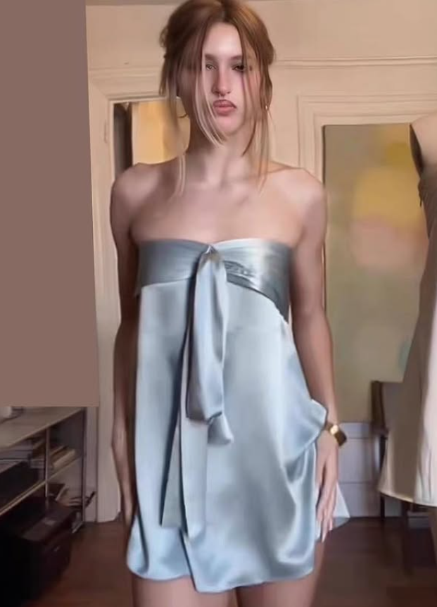 Cute Blue A Line Strapless Satin Short Outfits Vacation Dress DP4882