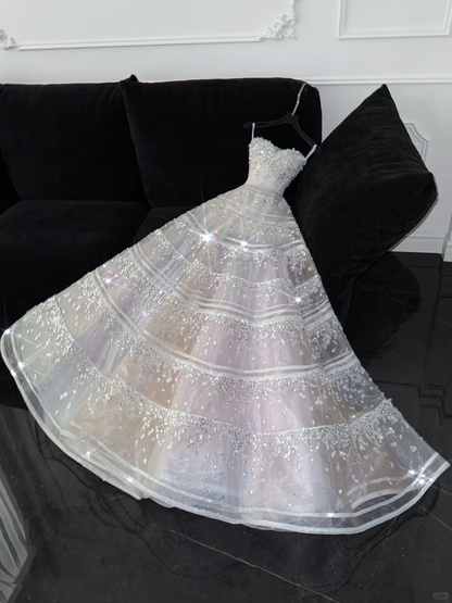 Stunning A Line Strapless Beaded Sequin White Tulle Long Prom Dress Party Dress DP2574
