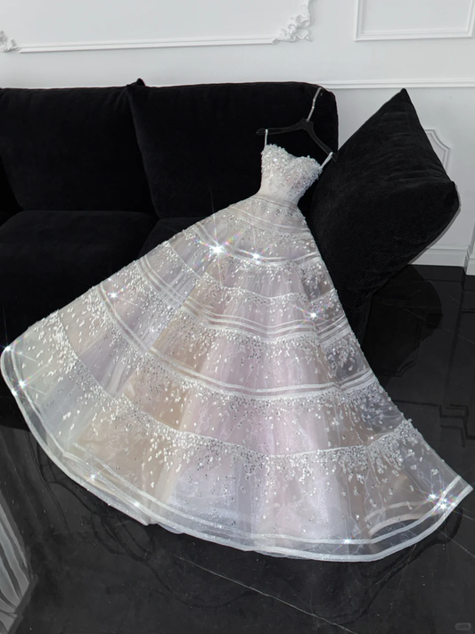 Stunning A Line Strapless Beaded Sequin White Tulle Long Prom Dress Party Dress DP2574