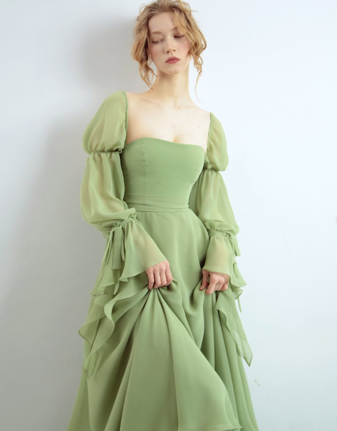 Princess Green A Line Long Sleeve Chiffon Long Prom Dress Evening Dress DP2801