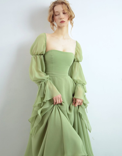 Princess Green A Line Long Sleeve Chiffon Long Prom Dress Evening Dress DP2801