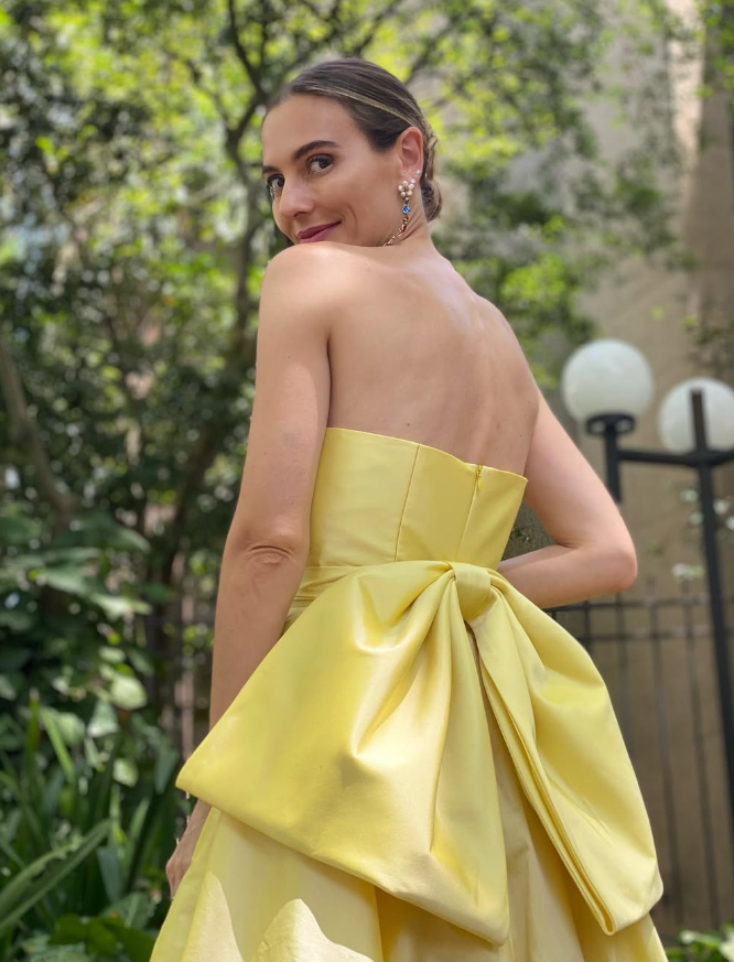 Cute A Line Strapless Yellow Satin Prom Dress Evening Dress with Bow DP1616