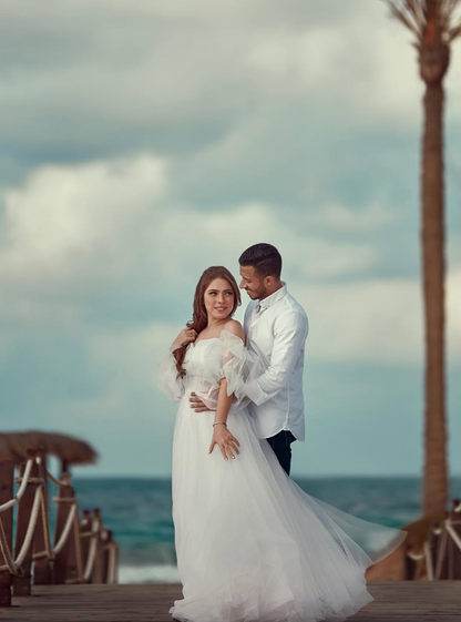Cute A Line Puff Sleeve White Tulle Long Wedding Dress DP4910