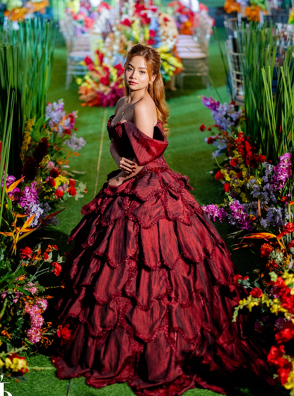 Burgundy Ball Gown Off the Shoulder Layered Beaded Satin 16th Birthday Dress Quinceanera Dress DP4438