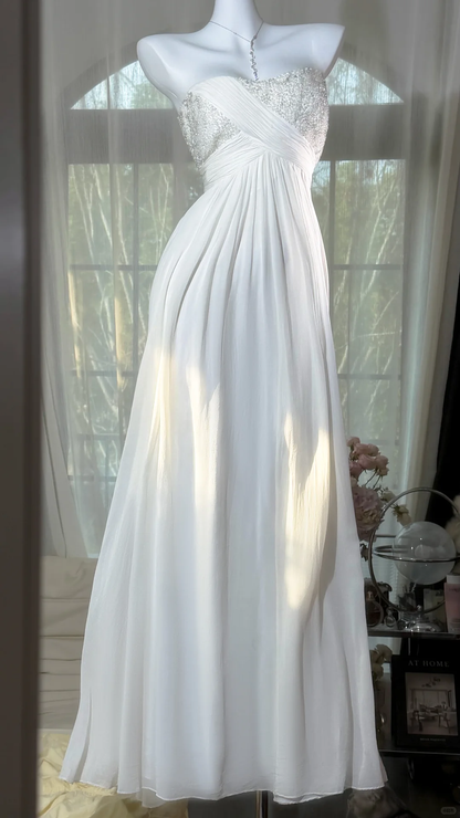 Timeless Elegance Vintage White Beaded Chiffon Long Prom Dress DP5152