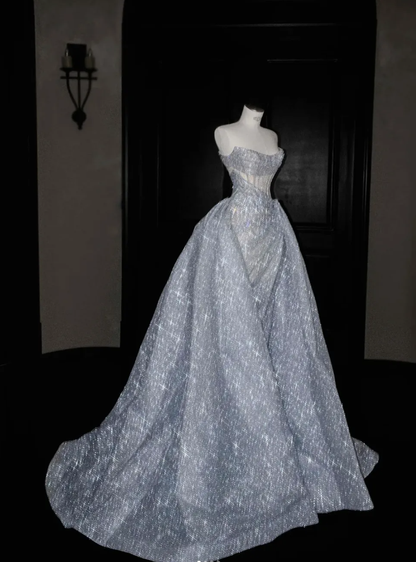 Stunning A Line Strapless Corset Silver Sequin Prom Dress Graduation Prom Dress DP1998