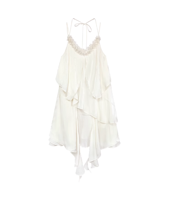 Flowy A Line Spaghetti Strap Beaded Chiffon Short Homecoming Dress Vacation Dress DP3644
