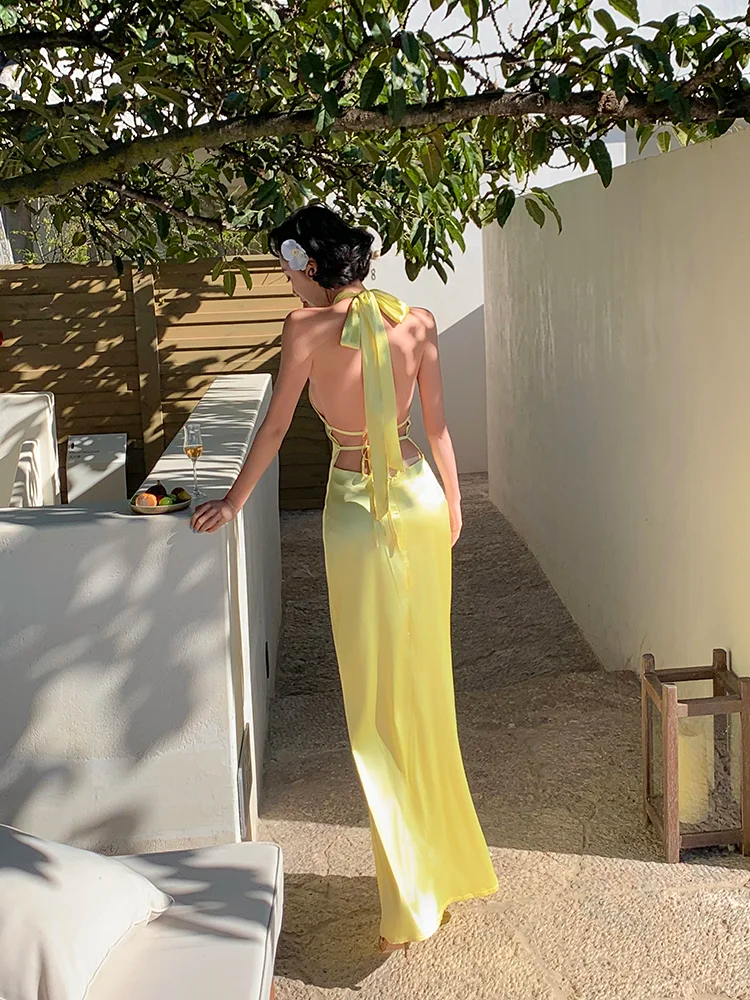 Yellow Mermaid Halter Satin Open Back Prom Dress Vacation Dress DP3863