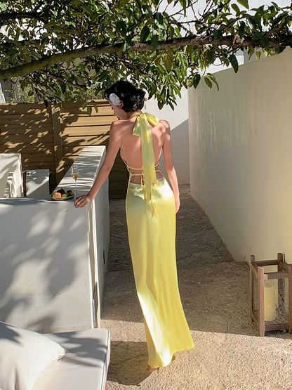 Yellow Mermaid Halter Satin Open Back Prom Dress Vacation Dress DP3863