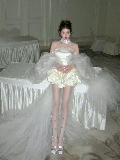 Cute A Line Strapless Ivory Flower Satin Tulle Short Homecoming Dress Cocktail Dress DP2449