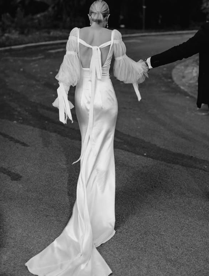 Stunning A Line Long Sleeve Tulle Satin Long Sweep Wedding Dress DP5224