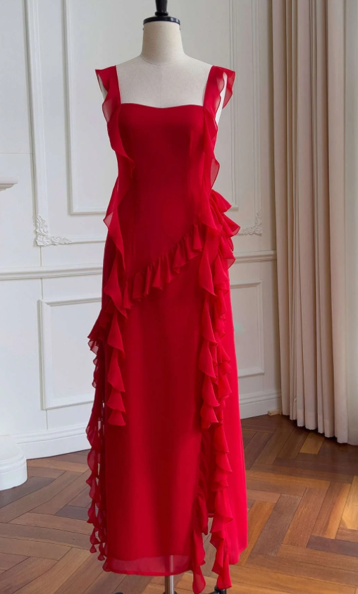 Charming Red Ruffle Chiffon Long Prom Dress Party Dress DP367