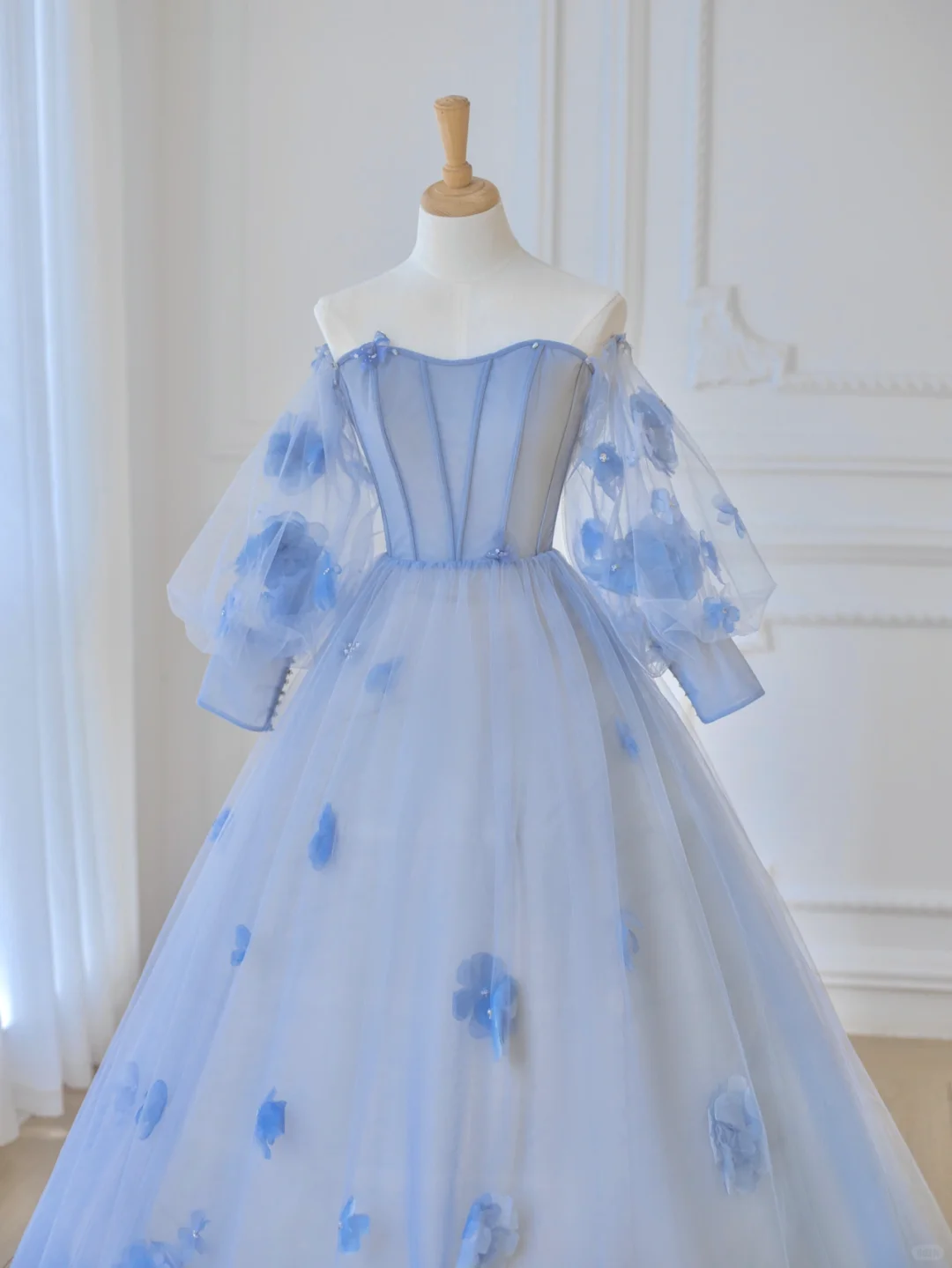 Elegant A Line Long Sleeve Flower Blue Tulle Long Prom Dress Party Dress DP2725
