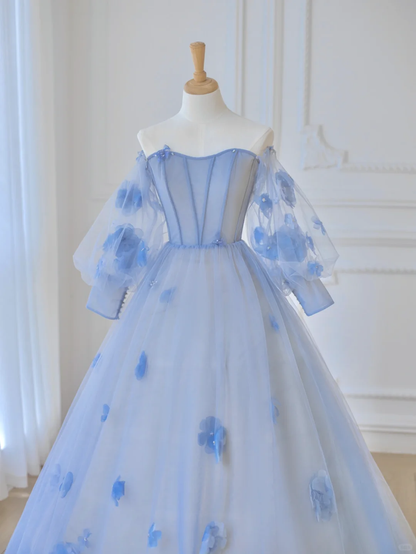 Elegant A Line Long Sleeve Flower Blue Tulle Long Prom Dress Party Dress DP2725