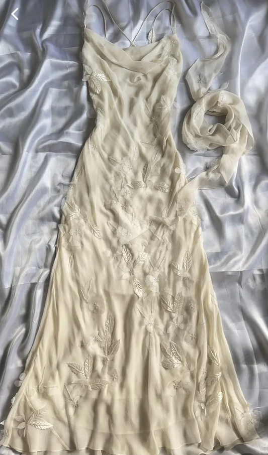 Flowy Retro Ivory Floral Chiffon Long Party Dress Date Dress DP2935
