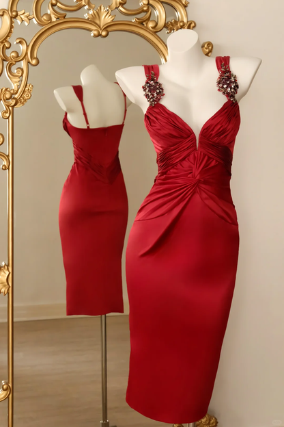 Vintage Red Sheath V Neck Beaded Satin Short Prom Dress Homecoming Dress DP5441