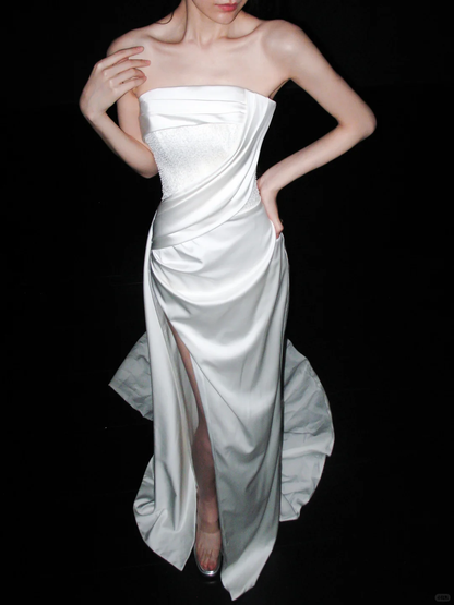 Pretty White Exquisite Beaded Sheath Strapless Satin Slit Long Wedding Dress DP6378