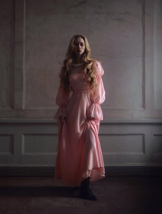 Princess Pink A Line Long Sleeve Chiffon Long Prom Dress Evening Dress DP2802